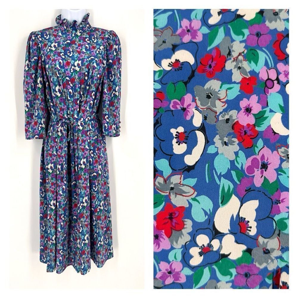 Vintage Robbie Bee Women's Floral Ruffle High Neck Midi Dress Multi-Color Size 7